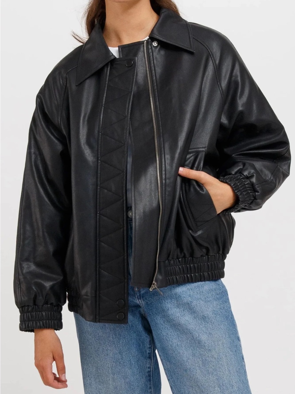 Brunette The Label Christine Black Vegan Leather Bomber Jacket